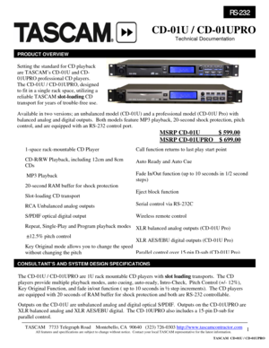 Page 1 
1
                        
 
 
                                                                
 
                                         
 
                                                                                   
 
 
 
                                                                                                     
 
 
 
 
 
 
 
 
 
 
 
 
 
 
 
 
 
 
 
 
 
 
 
The CD-01U / CD-01UPRO are 1U rack mountable CD players with slot loading transports.  The CD 
players provide multiple...