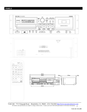 Page 2 
2  
 
 
 
 
 
 
 
 
 
 
 
 
 
 
 
 
 
 
 
 
 
 
 
 
 
 
 
 
 
TASCAM   7733 Telegraph Road    Montebello, CA  90640   (323) 726-0303 http://www.tascamcontractor.com               All features and specifications are subject to change without notice.  Contact your local TASCAM representative for the latest information.   
PANELS
 
 
                         TASCAM  CD-A500  