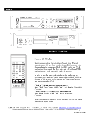 Page 2 
2  
 
 
 
 
 
 
 
 
 
 
 
 
 
 
 
 
TASCAM   7733 Telegraph Road    Montebello, CA  90640   (323) 726-0303 http://www.tascamcontractor.com               All features and specifications are subject to change without notice.  Contact your local TASCAM representative for the latest information.   
PANELS
Notes on CD-R Media:  
 
Quality and recording characteristics of media from different 
manufacturers will vary from brand to brand. This has to do with 
the manufacturing processes of both the CD-R media...