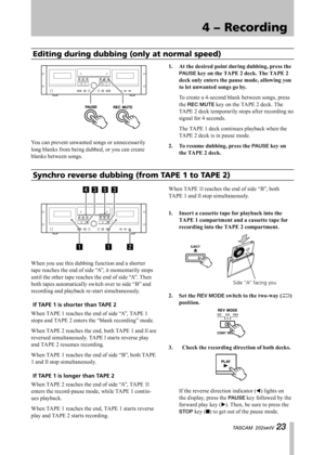 Page 23
IMPORTANT SAFETY INSTRUCTIONS
TASCAM  202MKIV 

4 − Recording
TASCAM  202MKIV 

Editing during dubbing (only at normal speed)
You can prevent unwanted songs or unnecessarily 
long blanks from being dubbed, or you can create 
blanks between songs.1.	 At	the	desired	point	during	dubbing,	press	the	
PAUSE	key	on	the	TAPE	2	deck.	The	TAPE	2	
deck	only	enters	the	pause	mode,	allowing	you	
to	let	unwanted	songs	go	by.
	To create a 4-second blank between songs, press 
the REC MUTE key on...