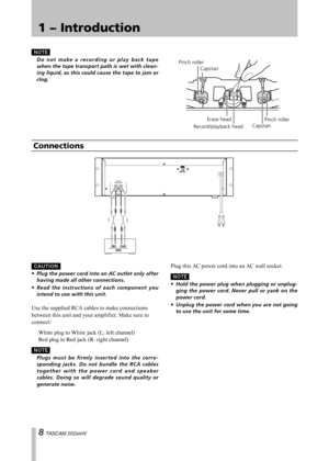 Page 8
IMPORTANT SAFETY PRECAUTIONS
 TASCAM 202MKIV

1 − Introduction
Connections
C A U T I ON
Plug	the	power	 cord	into	an	AC	 outlet	 only	after	
having	made	all	other	connections.
Read 	the 	instruc tions 	of 	each 	component 	you	
intend	to	use	with	this	unit.
Use the supplied RCA cables to make connections 
between this unit and your amplifier. Make sure to 
connect:
	 White	plug	to	White	jack	(L:	left	channel)
	 Red	plug	to	Red	jack	(R:	right	channel)
N O TE
	 Plugs 	must 	be 	firmly 	inser ted...