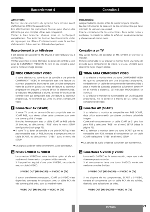 Page 21FRANÇAISESPAÑOL
Raccordement 4Conexión 4
21
ATTENTION :
Mettre tous les éléments du système hors tension avant
d’effectuer les différents raccordements.
Lire attentivement les instructions fournies pour chacun des
éléments que vous comptez utiliser avec cet appareil.
Veillez à bien brancher chaque prise en l’enfonçant
complètement. Pour éviter les bruits et bourdonnements, éviter
de regrouper les câbles d’interconnexion avec le cordon
d’alimentation CA ou avec les câbles des haut-parleurs.
Raccordement à...