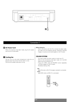 Page 22ENGLISH
Connection 5
22
AC Power Cord
When all connections have been made, plug the AC power
cord into an AC wall socket.
Cooling fan
The fan turns on only when temperature inside the unit
becomes high. Do not touch the fan when it is hot. 
The fan emits audible noise when turning.
I
HBefore Going On
Once a connection with the TV or monitor has been made,
you need to set the following settings. Otherwise, distorted
images or no picture at all would appear on the TV screen. 
COLOUR SYSTEM
You have to...