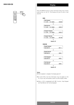 Page 56ENGLISH56
Display
Press the DISPLAY button to view information about the currently
playing disc on the TV. The display will go off after a few
seconds. 
DVD/VCD/CD
Notes
<
When playback is stopped, the display goes off.
<
For some VCDs, the time information may not appear on the
TV, or you may not be able to switch to other display modes.
<
When a VCD is playbacked with PBC function, Total Elapsed
and Total Remain will not be displayed.
 