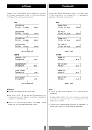 Page 5757FRANÇAISESPAÑOL
Affichage
Appuyez sur la touche DISPLAY pour visualiser les informations
sur le disque en cours de lecture sur l’écran du téléviseur.
L’affichage s’éteint après quelques secondes. 
Visualización
Pulse el botón DISPLAY para ver en el televisor información sobre
el disco actualmente en reproducción. La visualización
desaparecerá después de unos segundos. 
Remarques 
<
Lorsque la lecture s’arrête, l’affichage s’éteint.
<
Pour certains VCD, il se peut que les informations de temps...