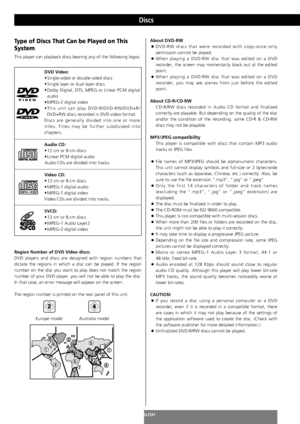 Page 88ENGLISH
Discs
Region Number of DVD Video discs:
DVD players and discs are designed with region numbers that
dictate the regions in which a disc can be played. If the region
number on the disc you want to play does not match the region
number of your DVD player, you will not be able to play the disc.
In that case, an error message will appear on the screen.
The region number is printed on the rear panel of this unit. 
Europe model Australia model
1
4
2
2
2
5
5
6
43
1
DVD Video:
• Single-sided or...