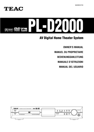 Page 19A09053700
PL-D2000
AV Digital Home Theater System
OWNER’S MANUAL
MANUEL DU PROPRIETAIRE
BEDIENUNGSANLEITUNG
MANUALE D’ISTRUZIONI
MANUAL DEL USUARIO
 