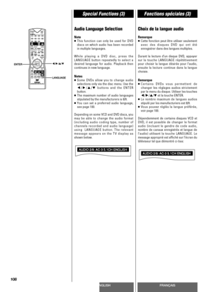 Page 108ENGLISHFRANÇAIS
Special Functions (3)Fonctions spéciales (3)
108
Audio Language Selection
Note
