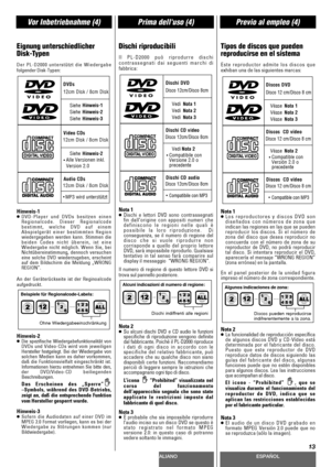 Page 13DEUTSCHITALIANOESPAÑOL
13
Vor Inbetriebnahme (4)Prima delluso (4)Previo al empleo (4)
Eignung unterschiedlicher
Disk-Typen
Der PL-D2000 unterstützt die Wiedergabe
folgender Disk-Typen:
Hinweis-1