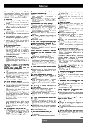 Page 125125
Dépannage
Si vous avez n’importe qu’elle des difficultés
suivantes, durant l’utilisation de cet apparail,
utiliser ce guide de dépannage pour résoudre
votre problême. Si le problême persiste
consulter le centre de service le plus près.
N’allume pas