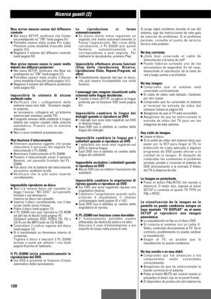 Page 128ITALIANO
Ricerca guasti (2)
Si surge algún problema durante el uso del
sistema, siga las instrucciones de esta guía
de solución de problemas. Si el problema
persiste, consulte al centro de servicio
técnico más próximo.
No hay corriente.
