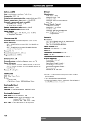 Page 138138
ITALIANO
Caratteristiche tecniche 
Diffusori
Subwoofer attivo:
75 W  (4 ohm a 80 Hz)
sistema: da 16 cm, a cono
impedenza: 4 ohm
dimensioni: 200 x 330 x 320 (LxAxP) mm
peso: 7 kg
Anteriori / Centrale / Posteriori:
25 W (valore massimo)
sistema: da 7,5 cm, a cono
impedenza: 4 ohm
dimensioni: 90 x 130 x 100 (LxAxP) mm
peso: 0,7 kg (Anteriori/Centrale)
0,5 kg (Posteriori)
Generalità
Alimentazione: 
120 V / 60 Hz (Modello generale per l’esportazione)
230 V / 50 Hz (Modello per l’Europa)
240 V / 50 Hz...