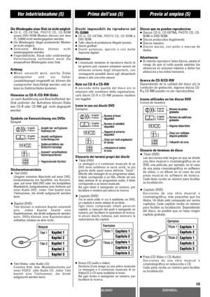 Page 15DEUTSCHITALIANOESPAÑOL
15
Vor Inbetriebnahme (5)Prima delluso (5)Previo al empleo (5)
Die Wiedergabe einer Disk ist nicht möglich