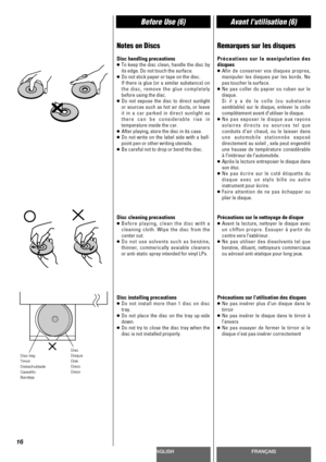 Page 16ENGLISHFRANÇAIS
Before Use (6)Avant lutilisation (6)
16
Notes on Discs
Disc handling precautions
