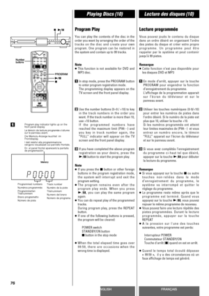 Page 76ENGLISHFRANÇAIS
Playing Discs (10)Lecture des disques (10)
76
Program Play
You can play the contents of the disc in the
order you want by arranging the order of the
tracks on the disc and create your own
program. One program can be restored in
the system and contain up to 99 tracks.
Note
