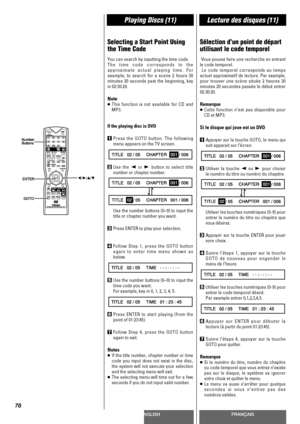 Page 78ENGLISHFRANÇAIS
Playing Discs (11)Lecture des disques (11)
78
Selecting a Start Point Using
the Time Code
You can search by inputting the time code.
The time code corresponds to the
approximate actual playing time. For
example, to search for a scene 2 hours 30
minutes 20 seconds past the beginning, key
in 02:30:20.
Note
