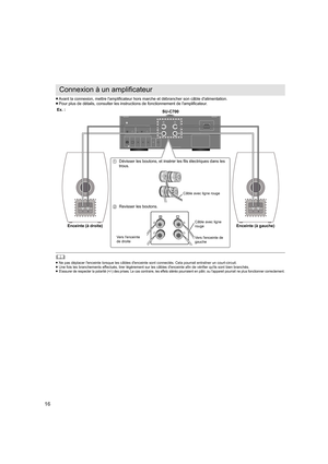 Page 1616
≥Avant la connexion, mettre l'amplificateur hors marche et débra ncher son câble d'alimentation.
≥ Pour plus de détails, consulter les instructions de fonctionnem ent de l'amplificateur.
	
≥Ne pas déplacer l'enceinte lors que les câbles d'enceinte sont c onnectés. Cela pourrait entraîner un court-circuit.
≥ Une fois les branchements effectués, tirer légèrement sur les c âbles d'enceinte afin de vérifier qu'ils sont bien branchés.
≥
S'assurer de respecter la polarité...