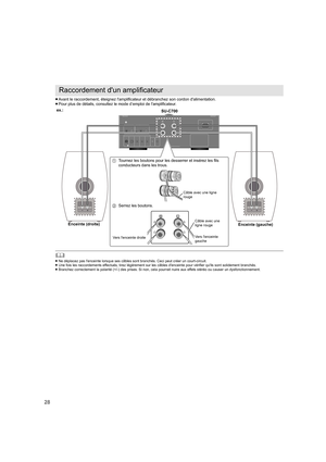 Page 2828
≥Avant le raccordement, éteignez l'amplificateur et débranchez s on cordon d'alimentation.
≥ Pour plus de détails, consultez le mode d’emploi de l'amplifica teur.
	
≥Ne déplacez pas l'enceinte lorsque ses câbles sont branchés. Ce ci peut créer un court-circuit.
≥ Une fois les raccordements effectués, tirez légèrement sur les  câbles d'enceinte pour vérifier qu'ils sont solidement branchés.
≥ Branchez correctement la polarité (+/-) des prises. Si non, cel a pourrait nuire aux...