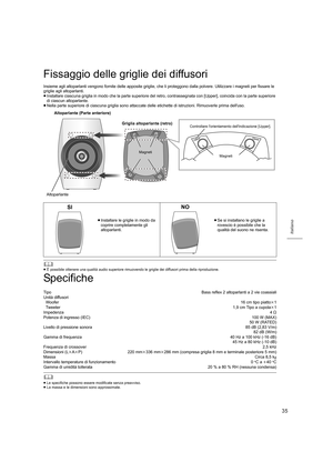 Page 3535
Italiano
Fissaggio delle griglie dei diffusori
Insieme agli altoparlanti vengono fornite delle apposite griglie, che li proteggono dalla polvere. Utilizzare i magneti per fissare le 
griglie agli altoparlanti.
≥ Installare ciascuna griglia in modo che la parte superiore del  retro, contrassegnata con [Upper], coincida con la parte superi ore 
di ciascun altoparlante.
≥ Nella parte superiore di ciascuna griglia sono attaccate delle  etichette di istruzioni. Rimuoverle prima dell'uso.
	≥È possibile...