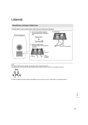 Page 6363
Suomi
Liitännät
	
≥Älä sijoita kaiuttimia etupuoli alaspäin. Niin tekemällä voidaa n vahingoittaa kaiuttimia.
≥ Varo laittamasta ristiin (oikosulku) tai kääntämästä kaiuttimien johtojen napaisuutta, koska se voi vahingoittaa vahvistinta.
≥ Tarkista (toimitettujen) kaiuttimen johtojen värit liittääksesi  vasen ja oikea kaiutin oikein. Väärä liitäntä voi vahingoittaa  kaiuttimia.
Kaiuttimen johtojen liittäminen
≥Säilytä liittimien nupit ja suojukset lasten ulottumattomissa n ielaisemisen estämiseksi....