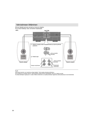 Page 6464
≥Ennen liitäntää sammuta vahvistin ja irrota sen virtajohto.
≥ Jos haluat lisätietoja, katso vahvistimen käyttöohjeita.
	
≥ Älä liikuta kaiutinta, kun kaiuttimen johtoja liitetään. Tämä s aattaa aiheuttaa sähköiskun.
≥ Kun liitännät on suoritettu loppuun, vedä kaiuttimen johtoja hi eman tarkistaaksesi, että ne on liitetty kunnolla.
≥ Johdota liitäntöjen napaisuus (+/-) oikein. Mikäli ei tehdä näi n, se saattaa aiheuttaa negatiivisia stereovaikutuksia tai toim intahäiriöitä.
Vahvistimeen liittäminen...