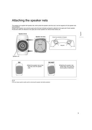 Page 99
English
Attaching the speaker nets
The speakers are supplied with speaker nets, which protect the speaker units from dust. Use the magnets to fix the speaker nets 
to the speakers.
≥ Attach each speaker net so that the upper part of its back indi cated as [Upper] is attached to the upper part of each speaker.
≥ Instruction labels are attached to the upper part of each speak er net. Remove them before use.
	
≥You can enjoy superior quality audio by removing the speaker ne ts before playback.
≥Attach the...