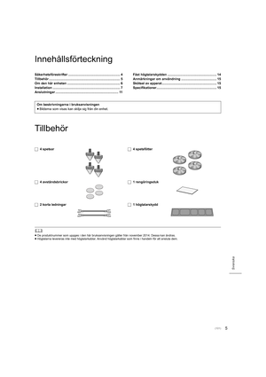 Page 1015
Svenska
Innehållsförteckning
Tillbehör
	
≥De produktnummer som uppges i den här bruksanvisningen gäller f rån november 2014. Dessa kan ändras.
≥ Högtalarna levereras inte med högtalarkablar. Använd högtalarkablar som finns i handeln för att ansluta dem.
Säkerhetsföreskrifter .......................................... ............... 4
Tillbehör .............................................................................. 5
Om den här enheten .............................................................