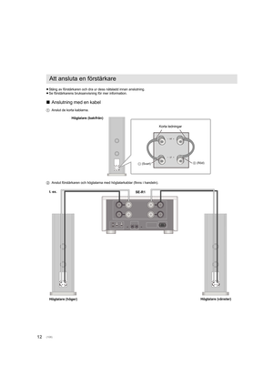 Page 10812
≥Stäng av förstärkaren och dra ur dess nätsladd innan anslutning .
≥ Se förstärkarens bruksanvisning för mer information.
∫ Anslutning med en kabel
1 Anslut de korta kablarna.
2 Anslut förstärkaren och högtalarna med högtalarkablar (finns i  handeln).
Att ansluta en förstärkare
Korta ledningar
- (Svart) +
 (Röd)
Högtalare (bakifrån)
Högtalare (vänster)
Högtalare (höger)
t. ex. 
SE-R1
(108)
SB-R1_SQT0465_PPCEBEGGN_mst.book  12 ページ  ２０１５年１月２３日　金曜日　午後４時４３分 