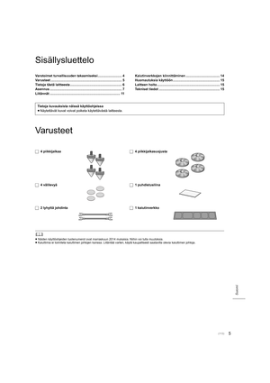 Page 1135
Suomi
Sisällysluettelo
Varusteet
	
≥Näiden käyttöohjeiden tuotenumerot ovat marraskuun 2014 mukaisi a. Niihin voi tulla muutoksia.
≥ Kaiuttimia ei toimiteta kaiuttimen johtojen kanssa. Liitäntää v arten, käytä kaupallisesti saatavilla olevia kaiuttimen johtoja.
Varotoimet turvallisuuden takaamiseksi ..........................4
Varusteet ...................................................... ....................... 5
Tietoja tästä laitteesta ........................................................ 6...