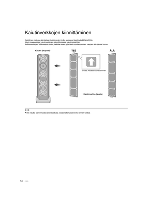 Page 12214
Kaiutinverkkojen kiinnittäminen
Kaiuttimen mukana toimitetaan kaiutinverkot, jotka suojaavat kaiutinyksikköjä pölyltä. 
Käytä magneetteja kaiutinverkkojen kiinnittämiseksi kaiutinyksi köihin.
Kaiutinverkkojen liittämiseksi oikein, tarkista niiden ylös/alas suuntautuminen katsoen alla olevaa kuvaa.
	
≥ Voit nauttia paremmasta äänenlaadusta poistamalla kaiutinverkot  ennen toistoa.
Kaiutin (etupuoli)
Kaiutinverkko (tausta)
Tarkista ylös/alas suuntautuminen.
ÄLÄ
TEE
(122)
SB-R1_SQT0465_PPCEBEGGN_mst.book...