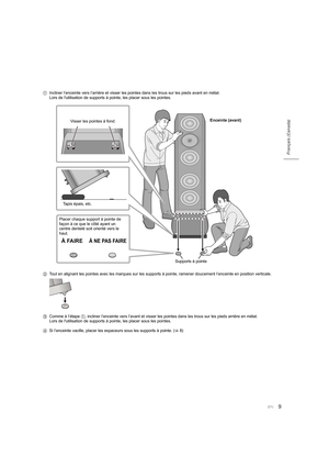 Page 219
Français (Canada)
1Incliner l’enceinte vers l’arrière et visser les pointes dans l es trous sur les pieds avant en métal.
Lors de l'utilisation de supports à pointe, les placer sous les pointes.
2 Tout en alignant les pointes avec les marques sur les supports  à pointe, ramener doucement l’enceinte en position verticale.
3 Comme à l’étape 1, incliner l’enceinte vers l’avant et visser les pointes dans l es trous sur les pieds arrière en métal.
Lors de l'utilisation de supports à pointe, les...