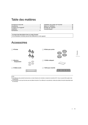 Page 415
Français
Table des matières
Accessoires
	
≥Les références des produits fournies dans ce mode d'emploi sont  correctes à compter de novembre 2014. Ceux-ci peuvent être sujets à des 
changements.
≥ Les enceintes ne sont pas fournies  avec les câbles d’enceinte. Pour effectuer le raccordement, utilisez des câbles d’enceinte  disponibles dans 
le commerce.
Consignes de sécurité .......................................... ............. 4
Accessoires...