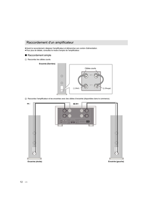 Page 4812
≥Avant le raccordement, éteignez l'amplificateur et débranchez s on cordon d'alimentation.
≥ Pour plus de détails, consultez le mode d’emploi de l'amplifica teur.
∫Raccordement simple
1 Raccordez les câbles courts.
2 Raccordez l'amplificateur et les enceintes avec des câbles d’enceinte (disponibles dans le commerce).
Raccordement d'un amplificateur
Câbles courts
- (Noir)
+ (Rouge)
Enceinte (Derrière)
Enceinte (gauche)
Enceinte (droite)
ex.: 
SE-R1
(48)...