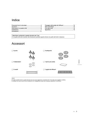 Page 535
Italiano
Indice
Accessori
	
≥I codici prodotto forniti in queste istruzioni per l'uso sono a ggiornati a novembre 2014. Tali codici sono soggetti a modifica .
≥ I diffusori non sono muniti di cavi di potenza. Per il collegam ento usare cavi di potenza disponibili in commercio.
Precauzioni per la sicurezza ............................................. 4
Accessori ............................................................................ 5
Informazioni su questa unità...