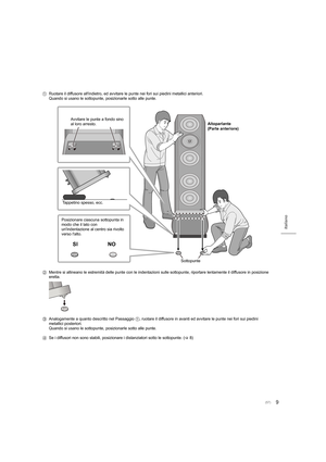 Page 579
Italiano
1Ruotare il diffusore all'indietro, ed avvitare le punte nei fori sui piedini metallici anteriori.
Quando si usano le sottopunte, posizionarle sotto alle punte.
2 Mentre si allineano le estremità delle punte con le indentazion i sulle sottopunte, riportare lentamente il diffusore in posizione 
eretta.
3 Analogamente a quanto descritto nel Passaggio 
1, ruotare il diffusore in avanti ed avvitare le punte nei fori  sui piedini 
metallici posteriori.
Quando si usano le sottopunte,...