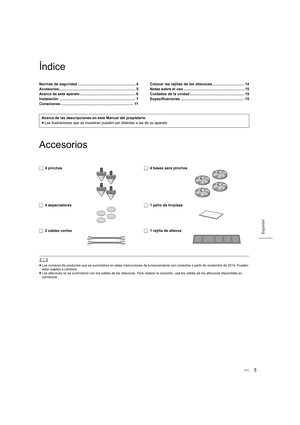 Page 655
Español
Índice
Accesorios
	
≥Los números de productos que se s uministran en estas instrucciones de funcionamiento son correctos a partir de noviembre de 20 14. Pueden 
estar sujetos a cambios.
≥ Los altavoces no se suministran con los cables de los altavoces. Para realizar la conexión, use los cables de los altavoces di sponibles en 
comercios.
Normas de seguridad ........................................................ 4
Accesorios...