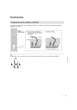 Page 7111
Español
Conexiones
Los altavoces no se suministran con los cables de los altavoces. Para realizar la conexión, use los cables de los altavoces 
disponibles en comercios.
	
≥ Tenga cuidado de no cruzar (cortocir cuito) o invertir la polaridad de los cables del altavoz, ya que eso puede dañar el amplif icador.
Preparación de los cables y conexión
1Gire las perillas para aflojarlas e 
inserte los núcleos de los cables en 
los agujeros. 2
Apriete las perillas.
- (Negro) +
 (Rojo)
No inserte el aislamiento...