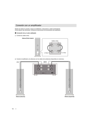 Page 7212
≥Antes de realizar la conexión, apague el amplificador y descone cte su cable de alimentación.
≥ Para obtener más información, consulte las instrucciones de fun cionamiento del amplificador.
∫Conexión de un solo cableado
1 Conecte los cables cortos.
2 Conecte el amplificador y los altavoces con los cables de los a ltavoces (disponibles en comercios).
Conexión con un amplificador
Cables cortos
- (Negro) +
 (Rojo)
Altavoz (Parte trasera)
Altavoz (izquierda)
Altavoz (derecha) p.ej. 
SE-R1
(72)...