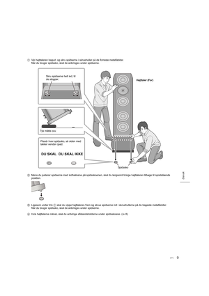 Page 819
Dansk
1Vip højttaleren bagud, og skru spidserne i skruehuller på de fo rreste metalfødder.
Når du bruger spidssko, skal de anbringes under spidserne.
2 Mens du justerer spidserne med indhakkene på spidsskoenen, skal  du langsomt bringe højttaleren tilbage til opretstående 
position.
3 Ligesom under trin 
1 skal du vippe højttaleren frem og skrue spidserne ind i skrueh ullerne på de bageste metalfødder.
Når du bruger spidssko, skal de anbringes under spidserne.
4 Hvis højttalerne rokker, skal du...