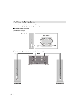 Page 8412
≥Sluk for forstærkeren, og tag strømledningen ud før tilslutning.
≥ Se forstærkerens betjeningsvejledning for yderligere oplysninger.
∫ Enkelt ledningsforbindelse
1 Tilslut de korte ledninger.
2 Tilslut forstærker og højttalere med højttalerkabler (kan fås i  handelen).
Tilslutning til af en forstærker
Korte ledninger
- (Sorte) + (Røde)
Højttaler (Bag)
Højttaler (venstre)
Højttaler (højre)
f.eks. 
SE-R1
(84)
SB-R1_SQT0465_PPCEBEGGN_mst.book  12 ページ  ２０１５年１月２３日　金曜日　午後４時４３分 