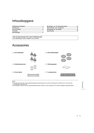 Page 895
Nederlands
Inhoudsopgave
Accessoires
	
≥De productnummers die in deze gebruiksaanwijzing verstrekt word en, zijn correct met ingang van november 2014. Ze kunnen aan 
veranderingen onderhevig zijn.
≥ De luidsprekers worden niet met  luidsprekerkabels geleverd. Geb ruik voor de aansluiting in de handel verkrijgbare luidsprekerk abels.
Veiligheidsmaatregelen ..................................................... 4
Accessoires ........................................................................ 5
Over...