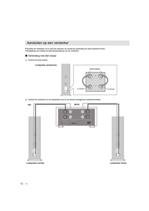 Page 9612
≥Schakel de versterker uit en sluit het netsnoer af voordat de a ansluiting tot stand gebracht wordt.
≥ Raadpleeg voor details de gebruiksaanwijzing van de versterker.
∫ Verbinding met één draad
1 Verbind de korte kabels.
2 Verbind de versterker en de luidspreker met (in de handel verkr ijgbare) luidsprekerkabels.
Aansluiten op een versterker
Korte kabels
- (Zwart)
+ (Rood)
Luidspreker (achterkant)
Luidspreker (links)
Luidspreker (rechts) bijv. 
SE-R1
(96)
SB-R1_SQT0465_PPCEBEGGN_mst.book  12 ページ...