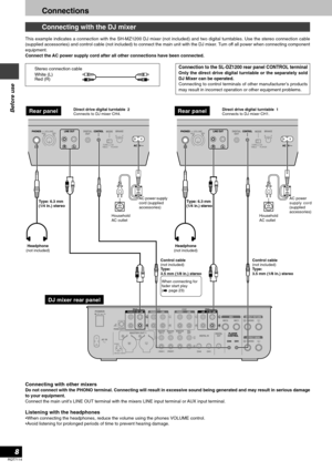 Page 8RQT7114
8
Before use
Connections
Connecting with the DJ mixer
This example indicates a connection with the SH-MZ1200 DJ mixer (not included) and two digital turntables. Use the stereo connection cable
(supplied accessories) and control cable (not included) to connect the main unit with the DJ mixer. Turn off all power when connecting component
equipment.
Connect the AC power supply cord after all other connections have been connected.
Stereo connection cable
White (L)
Red (R)
Connection to the SL-DZ1200...