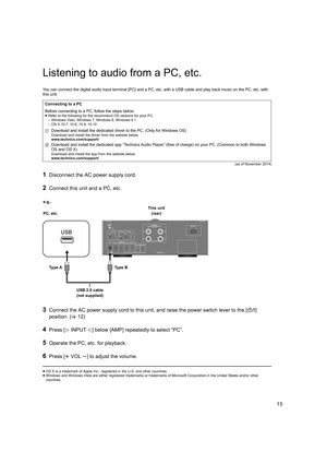 Page 1515
Listening to audio from a PC, etc.
You can connect the digital audio input terminal [PC] and a PC, etc. with a USB cable and play back music on the PC, etc. with 
this unit.
(as of November 2014)
1Disconnect the AC power supply cord.
2Connect this unit and a PC, etc.
3Connect the AC power supply cor d to this unit, and raise the power switch lever to the [Í/I] 
position. ( >12)
4Press [ NINPUT O] below [AMP] repeatedly to select “PC”.
5Operate the PC, etc. for playback.
6Press [ rVOL s] to adjust the...