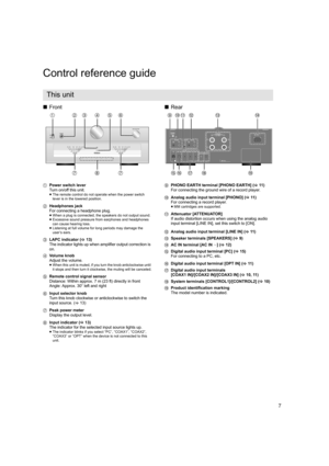 Page 77
Control reference guide
∫Front
1 Power switch lever
Turn on/off this unit.
≥The remote control do not operate when the power switch 
lever is in the lowered position.
2 Headphones jack
For connecting a headphone plug.
≥When a plug is connected, the speakers do not output sound.
≥ Excessive sound pressure from earphones and headphones 
can cause hearing loss.
≥ Listening at full volume for long periods may damage the 
user’s ears.
3 LAPC indicator ( >13)
The indicator lights up when amplifier output...