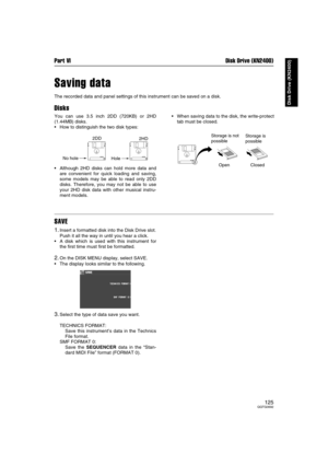 Page 125Part VI Disk Drive (KN2400)
125QQTG0692
Disk Drive (KN2400)
Saving data
The recorded data and panel settings of this instrument can be saved on a disk.
Disks
You can use 3.5 inch 2DD (720KB) or 2HD
(1.44MB) disks.
How to distinguish the two disk types:
Although 2HD disks can hold more data and
are convenient for quick loading and saving,
some models may be able to read only 2DD
disks. Therefore, you may not be able to use
your 2HD disk data with other musical instru-
ment models.When saving data to...