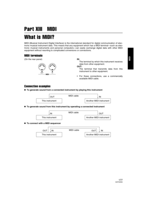 Page 177177QQTG0692
MIDI
Part XIII   MIDI
What is MIDI?
MIDI (Musical Instrument Digital Interface) is the international standard for digital communication of elec-
tronic musical instrument data. This means that any equipment which has a MIDI terminal—such as elec-
tronic musical instruments and personal computers—can easily exchange digital data with other MIDI
equipment without resorting to complicated conversions or connections.
MIDI terminals
(On the rear panel)IN:
The terminal by which this instrument...