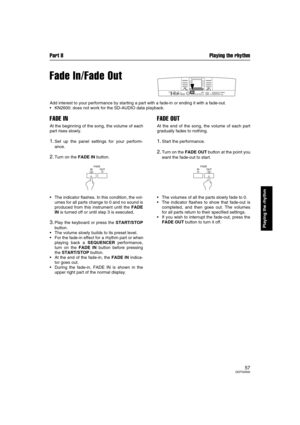 Page 57Part II Playing the rhythm
57QQTG0692
Playing the rhythm
Fade In/Fade Out
Add interest to your performance by starting a part with a fade-in or ending it with a fade-out.
KN2600: does not work for the SD-AUDIO data playback.
FADE IN
At the beginning of the song, the volume of each
part rises slowly.
1.Set up the panel settings for your perform-
ance.
2.Turn on the FADE IN button.
The indicator flashes. In this condition, the vol-
umes for all parts change to 0 and no sound is
produced from this...