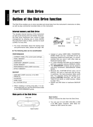 Page 122Outline of the Disk Drive function
The Disk Drive enables you to store recorded and stored data from this instrument’s memories on disks,
as well as play commercial recorded disks on this instrument.
Internal memory and Disk Drive
The storable internal memory of this instrument
as well as the backup time are limited. However,
the Disk Drive maximizes your control of data
management by allowing you to store (SAVE)
this instrument’s data on disks, and then to recall
(LOAD) it at any time.
•For more...