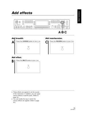 Page 15Add effects
Add breadth.
A
Press the CHORUS button to turn it on.
Add effect.
B
Press the MULTI button to turn it on.
Add reverberation.
C
Press the REVERB button to turn it on.
•These effects are applied to all the sounds
of the instrument. In addition, you can apply
various effects to specific parts. (Refer to
page 42.)
•You can modify the way in which the
various effects are applied. (Refer to page
44.)
SEQUENCER
SD
CUSTOMIZE
FAVORITES CUSTOM
PANELPLAY EASY REC
DISK
LOAD
DISK
IN USE
+ –
+...